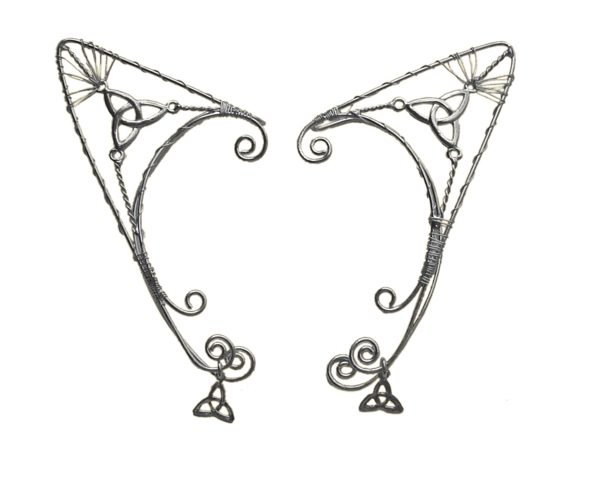 silver trinity knot elf ear cuff earrings non piercing wire wrap ear jewelry front view