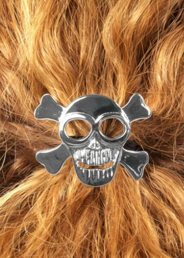 Model wearing Skull and Crossbones Hair Hook - Silver Ponytail Holder Biker Accessory
